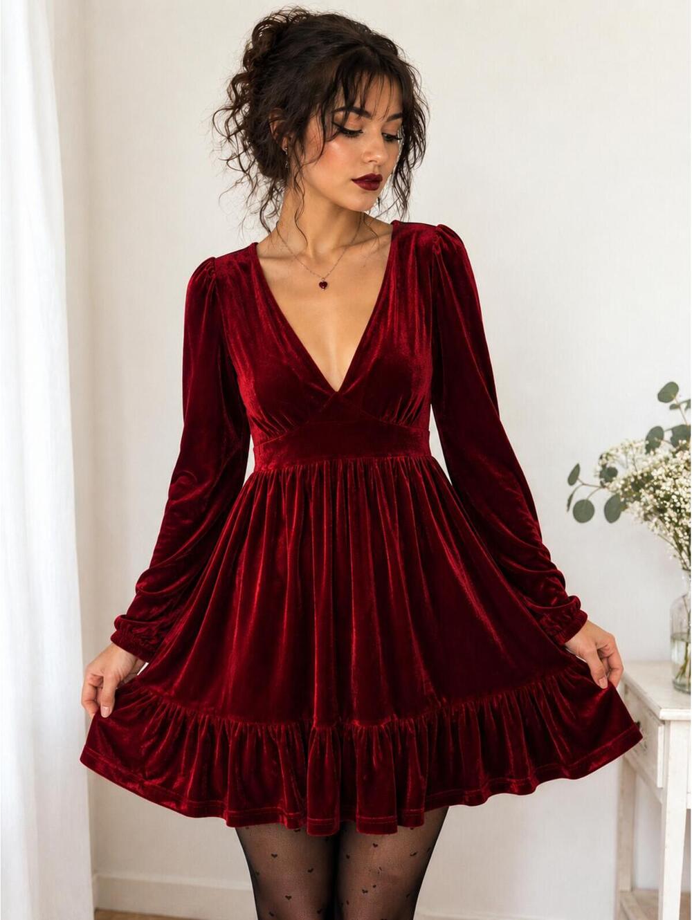 Red Velvet Babydoll Mini Dress | Romantic Goth Fairycore Long Sleeve Size M